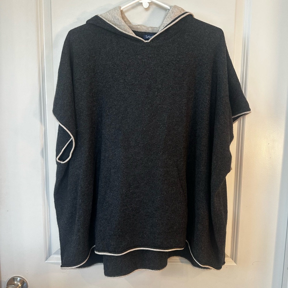 Splendid Cashmere/Wool Blend Grey & Cream Trim Hooded Poncho, Size XS